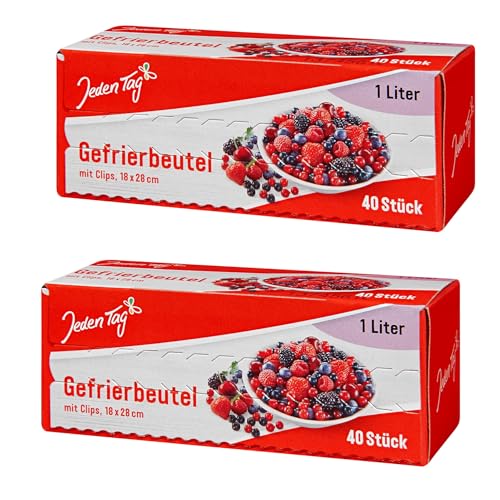 Jeden Tag Gefrierbeutel mit Clips 40 x 1L | 18 x 28cm | besonders stark und reißfest, Temperaturbeständig von -40 bis +115 Grad, Beschriftungsfeld und Verschlussclips (40 x 1L, 2er Pack)