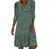 Generisch Damen Sommerkleid Kurzarm V-Ausschnitt Kleider Blumenmuster Kleid Wickelkleid Freizeitkleid Strandkleid Leinenkleid Knielang Blusenkleid Elegant Blumenkleid Midikleid Festkleider Druckkleid