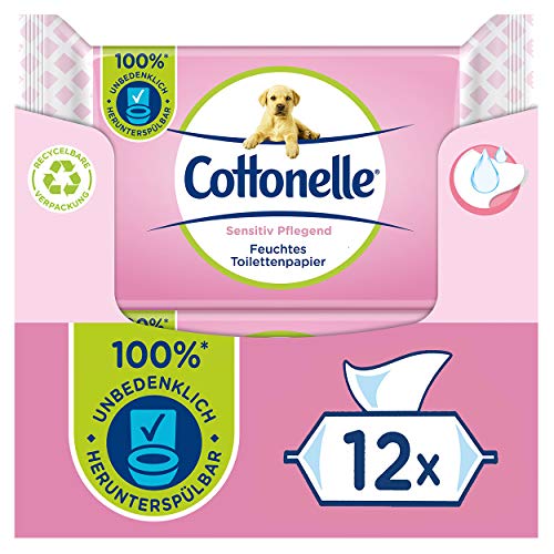 Cottonelle Feuchtes Toilettenpapier, Sensitive Pflegend - Parfümfrei, Biologisch Abbaubar, Plastikfrei, Wiederverschließbar, Vorteilspack, 12 x 42 Feuchttücher