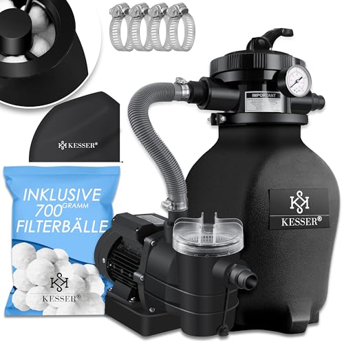 KESSER® Sandfilteranlage Sandfilter + 700g Filterbälle ersetzen 25kg Filtersand 7-Wege Ventil mit Druckanzeige Poolfilter 10 m°/h Filteranlage Filterkessel für Pool 10.200 L/h, Schwarz