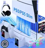 HELLCOOL PS5 Slim Ständer mit PS5 Lüfter, PS5 Slim Standfuß für Alle PS5 Slim/PS5 Disc/Digital Edition Konsole, PS5 Controller Ladestation/Headset Halterung/15 Spiele Lagerung/Cooles RGB Licht