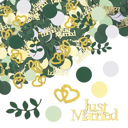 250 Stück Just Married Deko Konfetti Set,Streudeko Hochzeit Groß,Tischdeko Hochzeits Gold Grün mit Blätter und Punkte Motiven