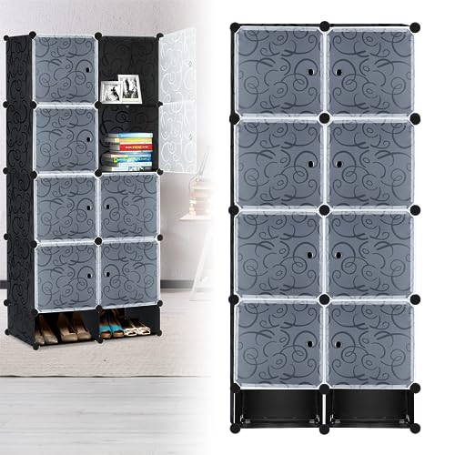 LZQ Kleiderschrank Mehrzweckschrank DIY Regalsystem Schrank, Kunststoff Garderobenschrank Schlafzimmerschrank mit Tür, Steckregal Aufbewahrung Staubdicht mit 8 Würfeln und Schuhschrank