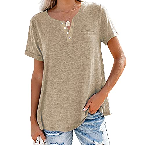 Damen Kurzarm T-Shirt mit Knopfleiste und Tasche Lässiges V-Ausschnitt Sommer Henley T-Shirt Solide Farbe Lose Baumwolle Tops (Aprikose,3XL)