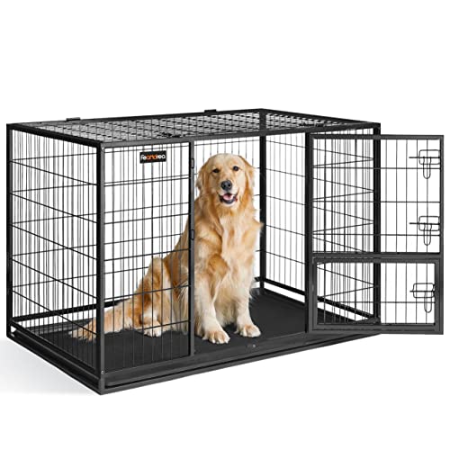 Feandrea Hundekäfig hochbelastbar, Gitterbox, transportabler Haustierkäfig, 122 x 74,5 x 80,5 cm, für mittelgroße, große Hunde, sicher, 2 abnehmbare Türen, Welpenauslauf, XXL, schwarz PPD003B01