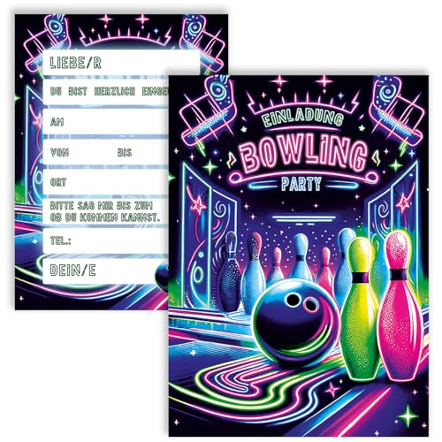 10x Kinder Einladungskarten Einladung Kindergeburtstag Bowling A6 Doppelseitig Neon Blau Grün Lila Rosa Party Spiel Geburtstag Einschulung Einladungen Geburtstagsparty Geburtstagseinladungen