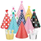 11 Stück Partyhüte Geburtstag Set,Bunte Partyhüte Party Kegel Hüte,Partyhüte zum Geburtstag, 9 Partyhut Mit Pompoms Und 2 Geburtstag Krone Geeignet Für Familienfeiern Für Kinder und Erwachsene