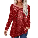 Glitzer Oberteile Damen Pailletten Bluse Elegant Festlich Langarmshirt Rundhals Gefälschte Zweiteilig Langarm Locker Lässig Pullover T-Shirt Tunika Tops Blusen & Tuniken für Damen