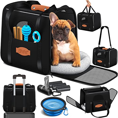 LOVPET® Hundebox Hundetasche Transportbox 2in1 Hunde & Katzentasche Hundetransportbox inkl. Pet-Kissen + 3x Beutelrollen + Napf 44x31x36xm Transporttasche für Haustiere, Haustiertransportbox Schwarz