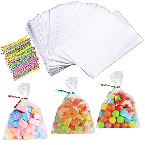 Faburo 200 Cellophantüten Klar 10x15 cm Zellophantüten Tütchen Transparent Kleine Tüten für Süßigkeiten Plastiktüten mit 200 Twist Bindungen OPP Geschenktüten Durchsichtig für Kindergeburtstage