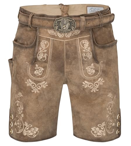 Schöneberger Trachten Couture Herren Lederhose kurz mit Trachtengürtel, Original Antik Trachtenhose für Oktoberfest aus Nubukleder, Lugano (50)