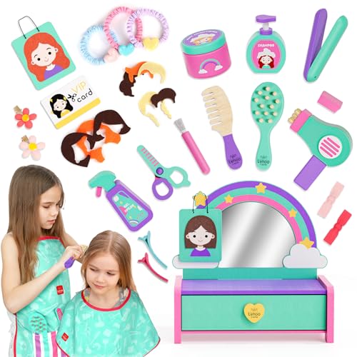 Lehoo Castle 32PCS Kinder Friseur Set für Mädchen, mit Frisiertisch, Barber Umhang, Apron, Fön, Haar Zubehör, Spiegel, Mädchen Rollenspiel, Frisierkoffer Spielzeug für 3 4 5 Jahre Geschenk