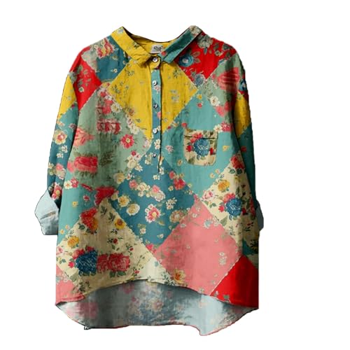 Damen-Top aus Baumwoll-Leinen, langärmelig, Reverskragen, bequem, niedlich, zum Ausgehen, Top, Bluse, trendige Kleidung, 4-grün, Groß