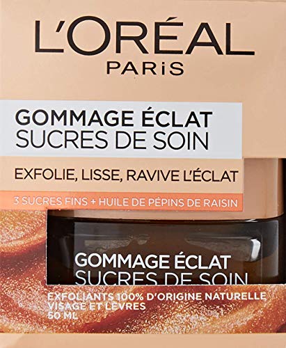 L'Oréal Paris - Peeling-Pflege für Gesicht & Lippen – Peeling & Glätteisen – mit 3 feinen Zucker & Traubenkernöl – alle Hauttypen – Pflegezucker – 50 ml