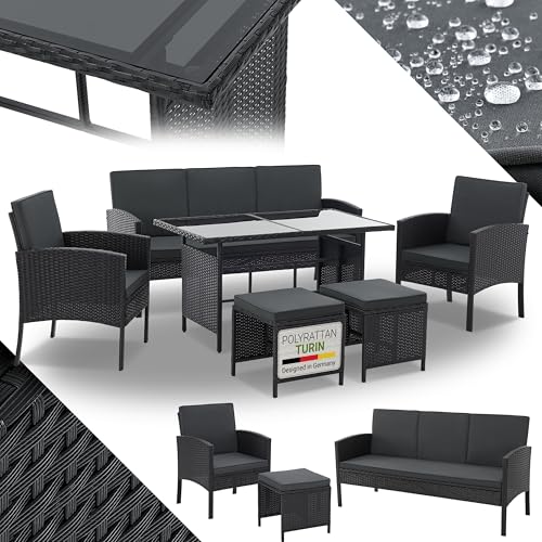 Juskys Polyrattan Gartenmöbel Sitzgruppe Turin Set 6 teilig - 7 Personen - Outdoor Möbel mit Sessel, Hocker, Tisch & Kissen - Loungemöbel Schwarz