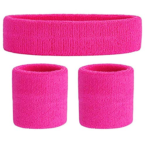 CCHAMP Hot Pink Stirnband Schweißbänder und Armbänder Set, 80er Kostüm für Damen Neon Kleidung 80er Accessoires, 1980er Kostüme Outfits für Mädchen, Accessoire Vokuhila Kostüm Retro neon 90er Outfit