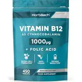 Vitamin B12 Tabletten 1000µg | 1+ Jahr Vorrat - 450 Vegane Stück | Hochdosiert Reines Supplement mit Folsäure | von Horbaach