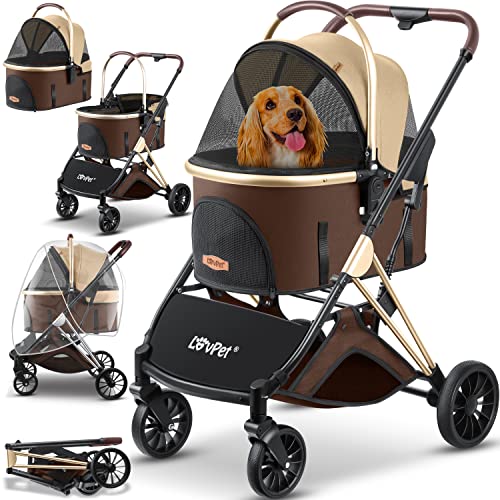 LOVPET® Hundewagen 3in1 Hundebuggy Hundebox Transporttasche 360° Große Räder Faltbar klappbar Haustiere Buggy Netzfenstern & Regenschutzabdeckung Jogger Katzenbuggy für kleine Hunde Katzen