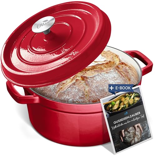 OTTIA Premium Gusseisen Topf, 3-fach Emaille, Aromafunktion. 26cm groß - 5 Liter - 4 bis 6 Portionen. Brot backen, Kochtopf, Brottopf, Schmortopf, Dutch Oven. Deutscher Händler, eRezeptbuch. Garantie.