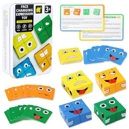 Face Changing Magic Cube, 3D Emoji Blocks Puzzle, Montessori Gesichter-Zauberwürfel, Lernspielzeug für Kinder, 16-teiliges Holzspielzeug mit 64 Emoji-Karten für Logik und Reaktionsfähigkeit