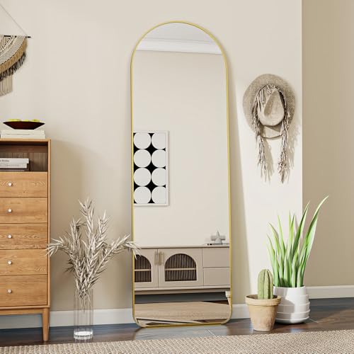 Koonmi 40 x 150 cm Gewölbter Top Ganzkörperspiegel - Bogen Ganzkörperspiegel mit Runden Ecken Frei Stehend-Hängend-Lehnend, Boden Standspiegel als Ankleidespiegel für Wohnzimmer, Gold