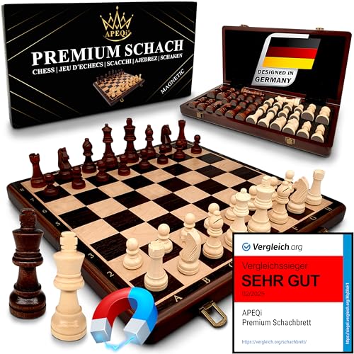 APEQi® Premium Schach MAGNETISCH - Schachspiel Holz HOCHWERTIG - Massivholz, 38x38cm, 2 EXTRA-Damen, Geschenkidee - edles Schachbrett Holz hochwertig - klappbares Chess Board mit 34 Schachfiguren