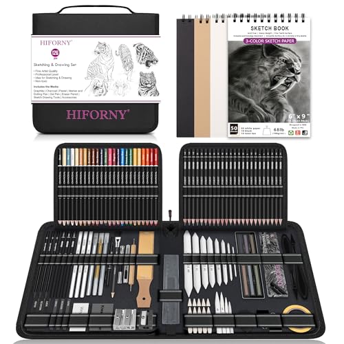 HIFORNY 126-teiliges Zeichenset, Skizzierstifte, Kunstzubehör mit 3-farbigem Skizzenbuch, Graphit, Anthrazit, Misch- und Zeichenwerkzeuge, Zeichenstifte für Erwachsene, Künstler in Reißverschlussetui