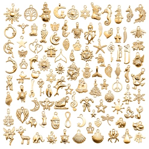 VYZUTR 100 Stück Charms Anhänger, zum Schmuck Basteln, Gemischte Anhänger Kette und Vintage Aesthetic, Armbänd Ohrringe Halskette,gold