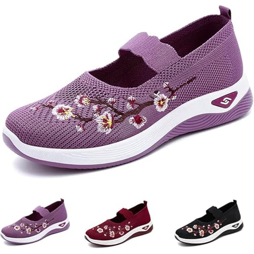 Orthopädische Schuhe für Damen, bestickte Blumenschuhe für Damen, gewebte, orthopädische, weiche Schuhe mit Fußgewölbeunterstützung für Krankenschwestern, lässige Wanderschuhe (Purple,37)