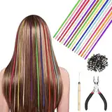 HIFOT 50pcs Bunte Haarverlängerungs Set, Kunst haare Extensions Haarsträhnen Kinder, Haarschmuck Haarteil Zange Häkchen mit 100 Perlen Ponytail Braids Extension Haarverlängerungs Clip