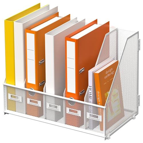 SUPEASY Schreibtisch Organizer Metall Schreibtisch Magazin Aktenhalter mit 5 vertikalen Fächern Rack Datei Organizer für Büro Desktop, Home Workspace, Weiß Plus