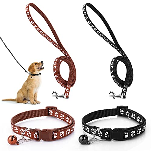 Molain 2-teiliges Hundehalsband und Leine Set, verstellbares Hundehalsband mit Leine, Schnellverschluss, Schnallenhalsband für kleine Hunde, Katzen, Welpen, Kätzchen (Schwarz+Braun)