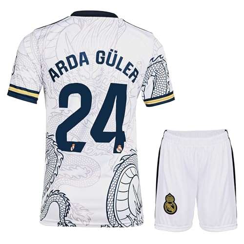 KISRAS R. Madrid Heim Guler #24 Black Dragon Retro Limitierte Sonderedition Seltenes Fußball Kinder Trikot Shorts Set Jugendgrößen (Weiß Dragon,176)