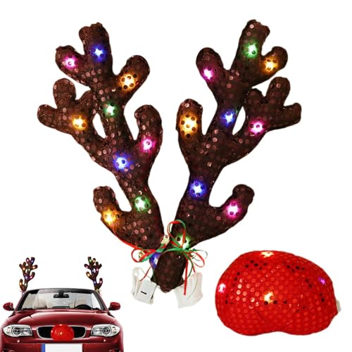 Weihnachten Auto Rentier Dekoration | Leuchtende Weihnachten Auto Rentier Geweih | Auto Weihnachtsdekorationen | Urlaub Elch Geweih und Nase Auto Dekoration für Fenster, Dach, Frontgrill
