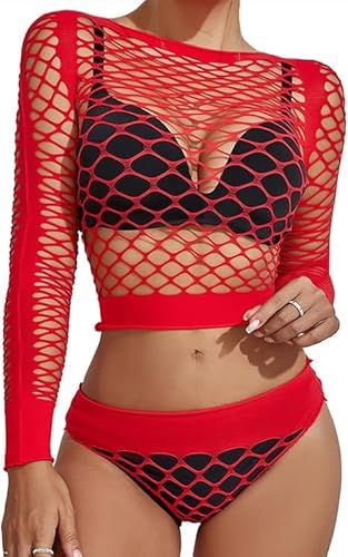 Buitifo Damen Dessous-Sets Sexy Lingerie Fischnetz Sexy Bodys Nachtwäsche(Red WG,M)