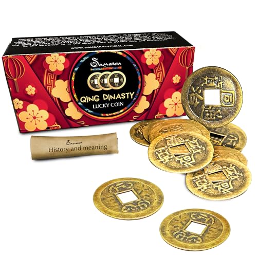 Glücksmünzen Feng Shui - Chinesische Glücksmünzen Qing-Dynastie - I-Ching Amulett für Wohlstand und Schutz | 10 Münzen mit Geschenkbox und Informationsdügnern (1 Packung)