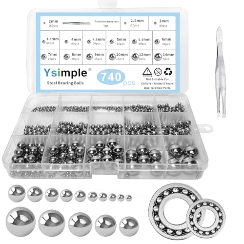 Ysimple 740 Stück Kugellager Kugeln - 15 Größe Stahlkugeln, Edelstahlkugeln, Lagerkugeln Edelstahl Metallkugeln für Fahrrad Hardware-Werkzeuge Ersatzteile 2/2.5/3/3.5/4/4.5/5/5.5/6/7/8/9/10/12/14 mm