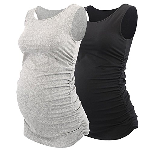 ZUMIY Schwangere Top, Maternity-Shirt Schwangerschaft Stilltop, Frauen Baumwoll Rundhals Rüschen Taille Mutterschaft Unterwäsche, Black grey/2-pk, S