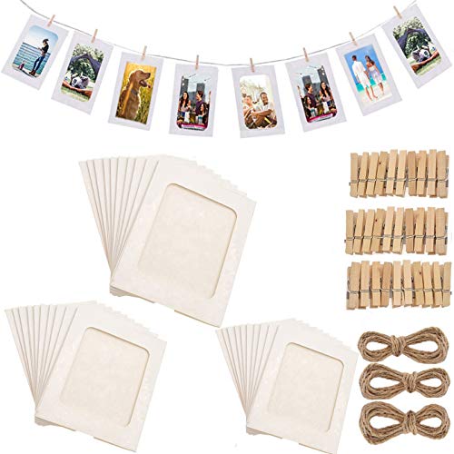 Fashion HW 30 stücke Fotorahmen aus Pappe, zum Aufhängen, 10 x 15 cm，DIY Kraftpapier Bilderrahmen Hängende Wanddekoration mit 30 stücke Clips und 3 stücke Hanf Seile Set (Weiß)