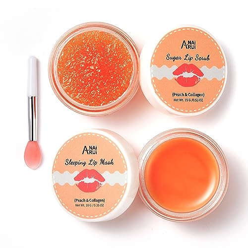 ANAiRUi Lippenbalsam und Lippenpeeling-Set, Pfirsich Lippenpflegeset, Lippenschlafmaske und Lippenpeeling Zuckerpeeling, Lippenbehandlung über Nacht, Reparatur für trockene, rissige, schälende Lippen