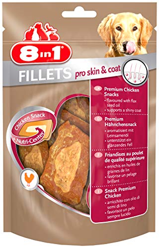 8in1 Fillets Pro Skin & Coat Hunde-Snack mit Hähnchen, funktionale Leckerlis für Hunde, aromatisiert mit Leinsamenöl, 80 g Beutel