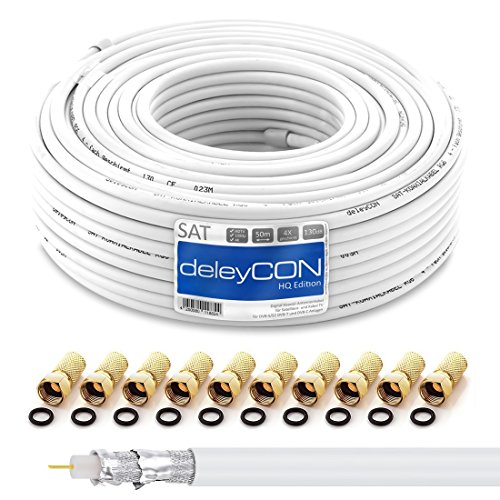 deleyCON HQ 50m SAT Koaxial Kabel 130dB - 4-fach geschirmt für DVB-S - S2 DVB-T und DVB-C - Stahl/Kupfer Innenleiter - 4K 1080p FULL HD HDTV - inkl. 10x vergoldete F-Stecker