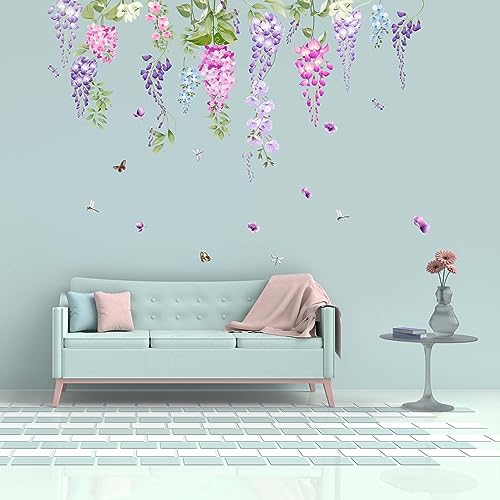 Amimagen Wandtattoo Aquarell Blumen Wandaufkleber – lila Hängende Ranken Florale Wandsticker – Schlafzimmer Wohnzimmer Sofa TV Hintergrund Zuhause Wanddeko