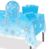 POPOYU Winter Schneeflocke Partygeschirr Dekoration,37 Stück Pappteller Schneeflocke Geschirr Servietten Tischdeko,Weihnachtspapier Papier Partygeschirr Set für 16 Gäste Winter Woderland Dekoration