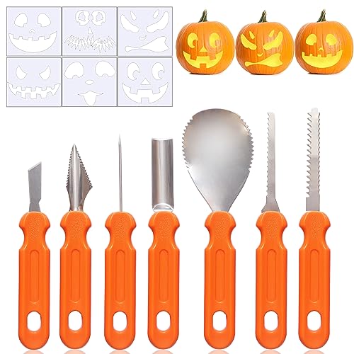 UDIKEFO Halloween Kürbis Schnitzset, 7 Stück Kürbis Schnitzen Set DIY Halloween Dekoration Edelstahl Kürbis Schnitzwerkzeuge für Kinder und Familie