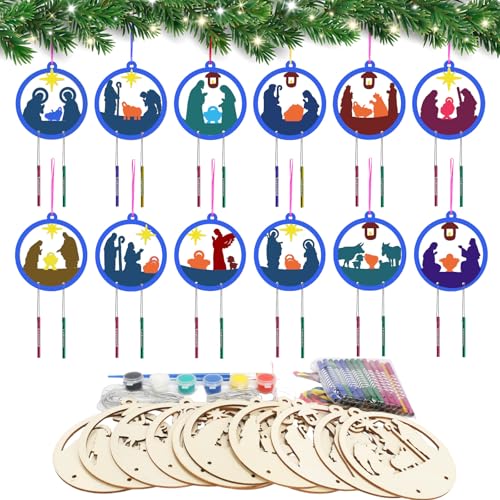 SUNYOK 12 Stück Jesus Windspiel Bastelset Holz Weihnachten Jesus Geburt Klangspiel Kinder Jesus Krippe Basteln DIY Kreativsets Bastelhandwerk zum Bemalen für Religiöses Geschenk