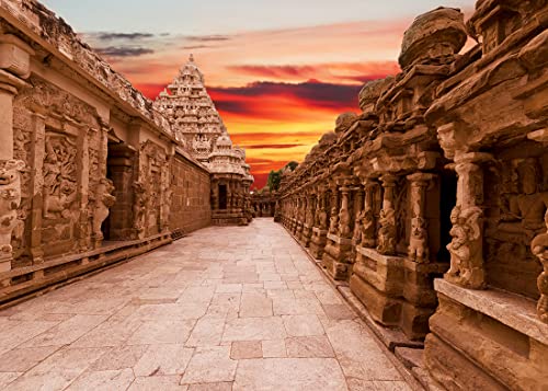 Loccor Stoff 2,1 x 1,5 m Indien Tempel Hintergrund – Traditionelle Hindu-Grotte Tempel Kailasanath Korridor Sonnenuntergang Landschaft Hintergrund – Indische Motto-Party-Dekorationen & religiöse