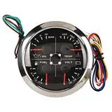 Keenso Kraftstoffstandsanzeige, 4in1 85 Mm Anzeige Multifunktions-Kraftstoffstand Öldruck Wassertemperatur Voltmeter DC 9 Bis 32 V für Auto Wohnmobil Boot Motorrad (Schwarz °C/BAR)