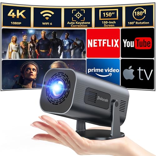 Polocsh Mini Beamer, Beamer 4k Unterstützt 1080P Full HD, Mini Projektor mit Android11.0, WLAN6 und BT5.2, Mini Beamer Handy Auto Keystone, 180° Drehung Projektor 4k für Handy Phone/Laptop, Eisengrau