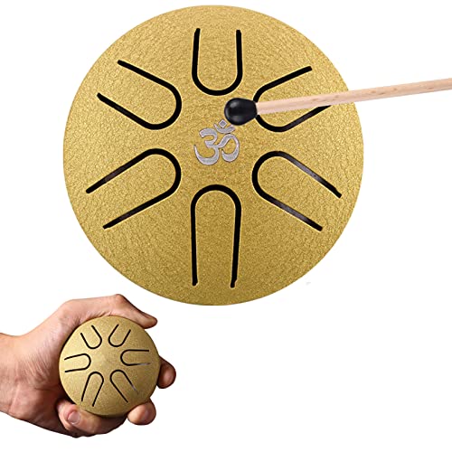 Aedcbaide Zungentrommel Tragbare Mini Trommel 3 Zoll 6 Töne Steel Tongue Drum, D-Dur Klangschale Handpan Instrument mit Schlägeln für Kinder Meditation Yoga Klangheilung Garten Weihnachten (Gold)